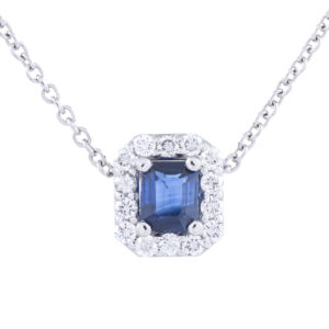 Sapphire pendant with diamond halo on chain necklace