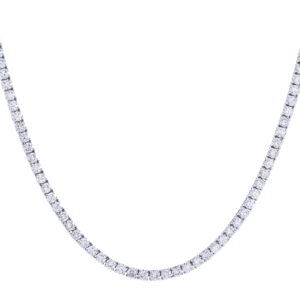 Diamond tennis necklace on white background.