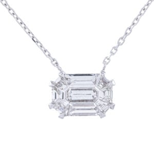 Emerald-cut diamond necklace on a chain.