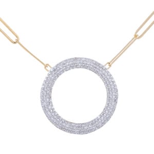 Gold chain necklace with diamond circle pendant.