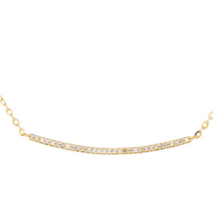 Gold necklace with diamond-studded bar pendant.