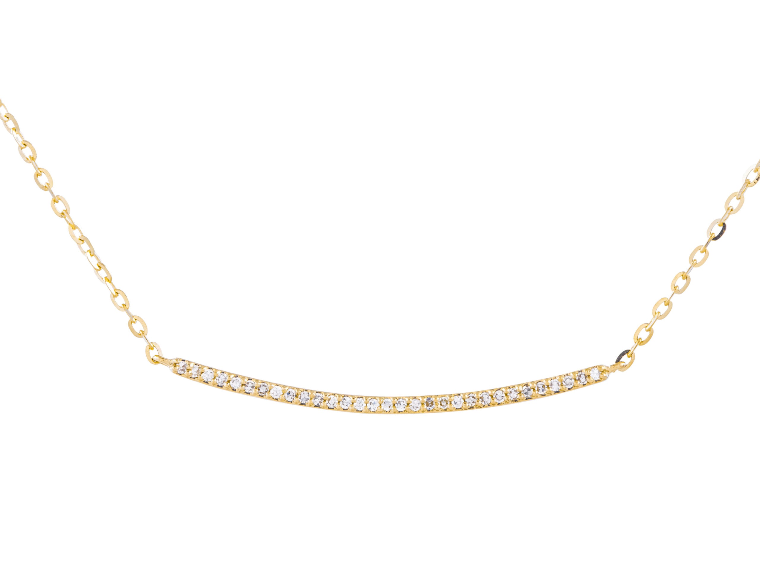 Gold necklace with diamond-studded bar pendant.