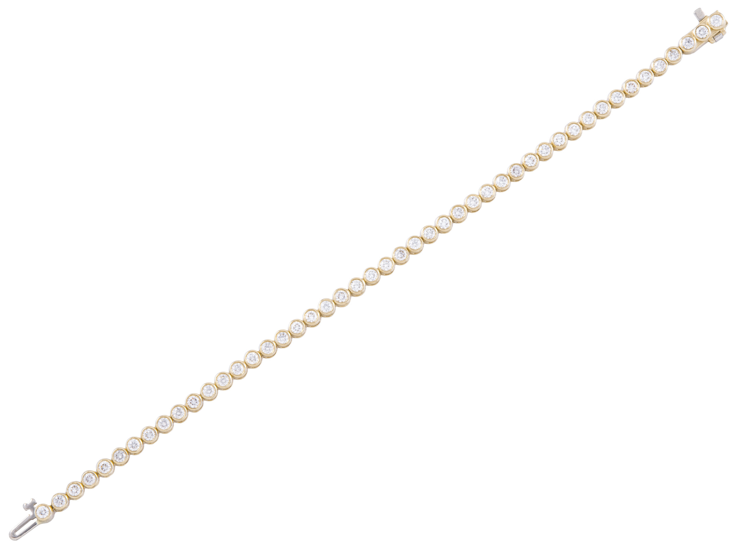 Gold diamond tennis bracelet on white background.