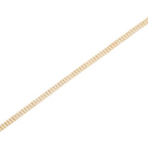 Gold tennis bracelet with diamonds on white background.