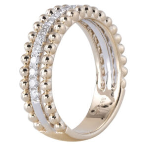 Gold ring with diamonds on a white background.
