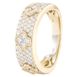Gold diamond ring with intricate design.