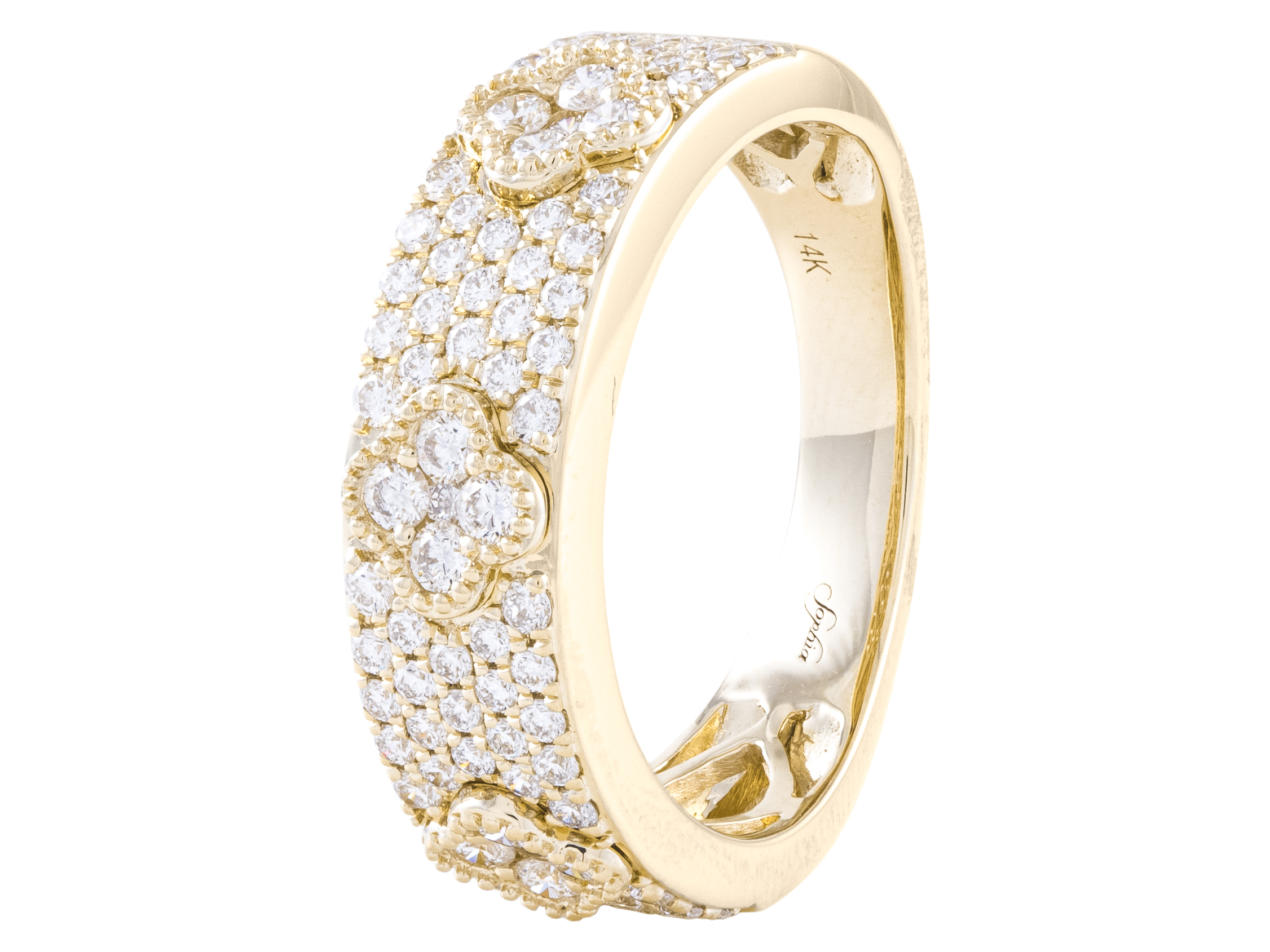 Gold diamond ring with intricate design.