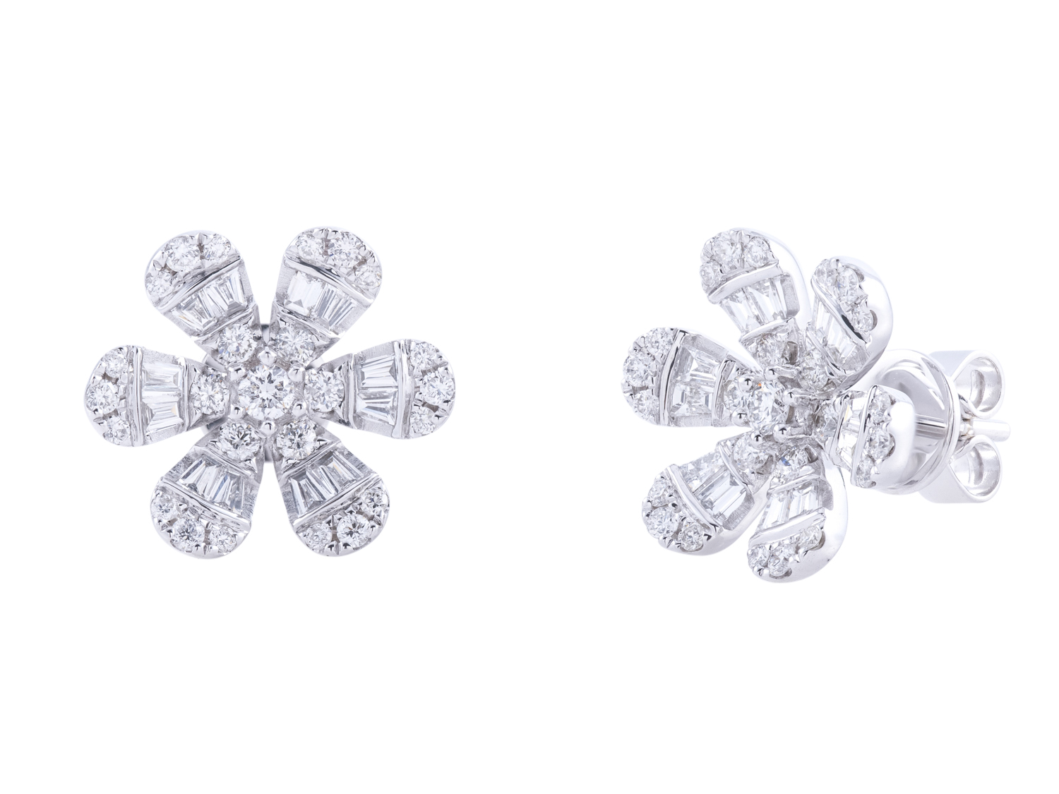 Diamond flower-shaped stud earrings, elegant jewelry design.
