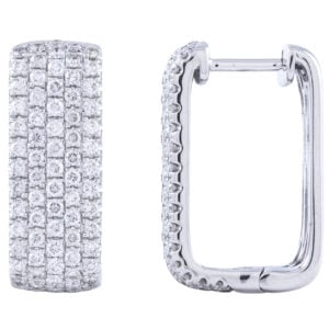 Close-up of diamond-encrusted hoop earrings.