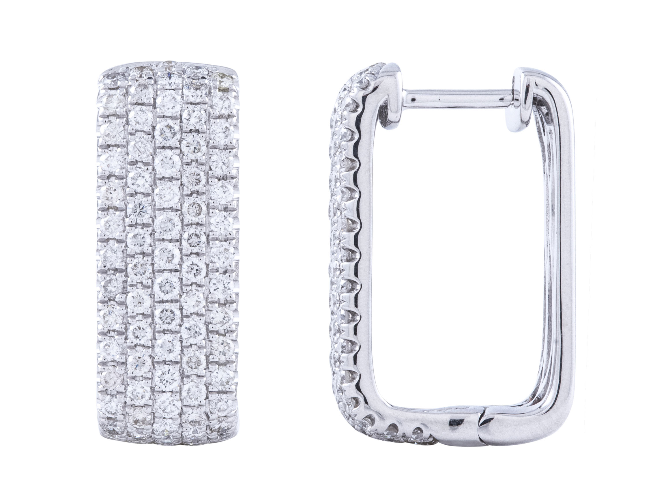 Close-up of diamond-encrusted hoop earrings.