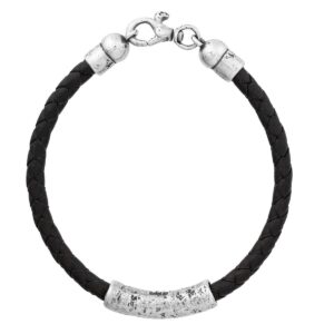 Black braided leather bracelet with silver clasp