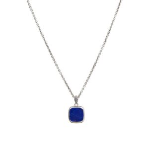 Blue stone pendant on silver chain necklace.
