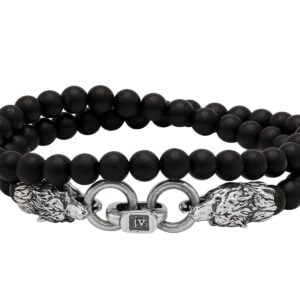 Black beaded bracelet, lion head clasps.