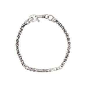 Silver chain bracelet with textured bar and clasp.