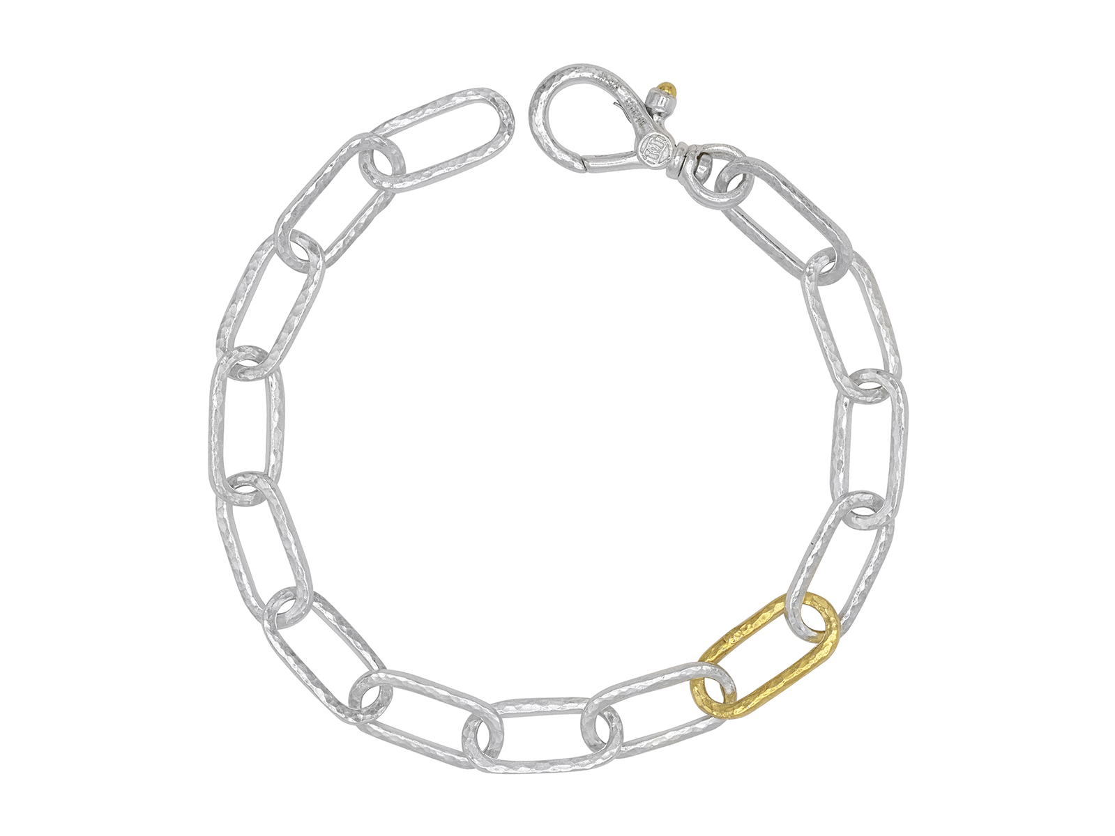 Silver chain bracelet with one gold link, clasped.