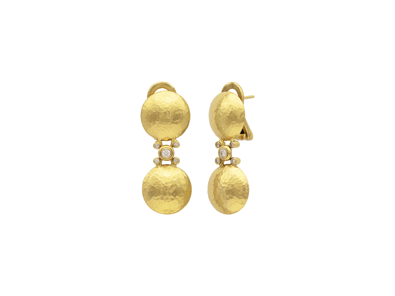 Gold earrings with textured design and crystals