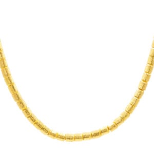 Gold beaded necklace with textured cylinders.