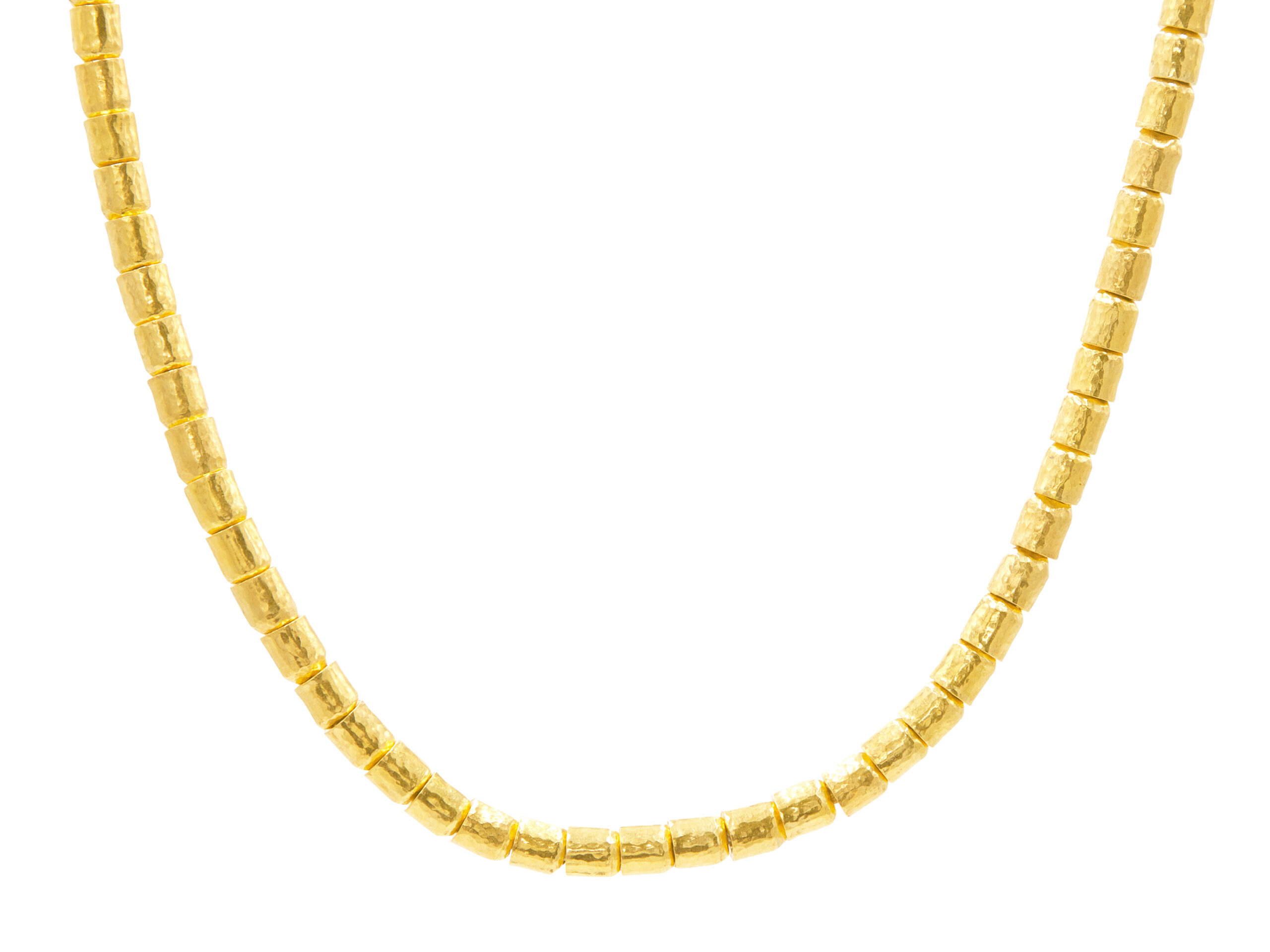 Gold beaded necklace with textured cylinders.
