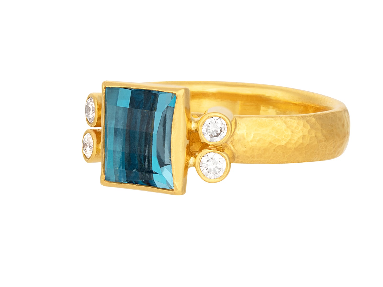 Gold ring with blue gemstone, diamonds