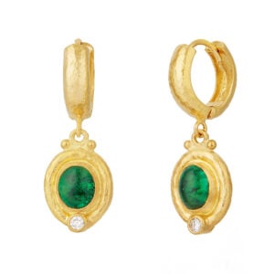 Gold hoop earrings with emeralds and diamonds
