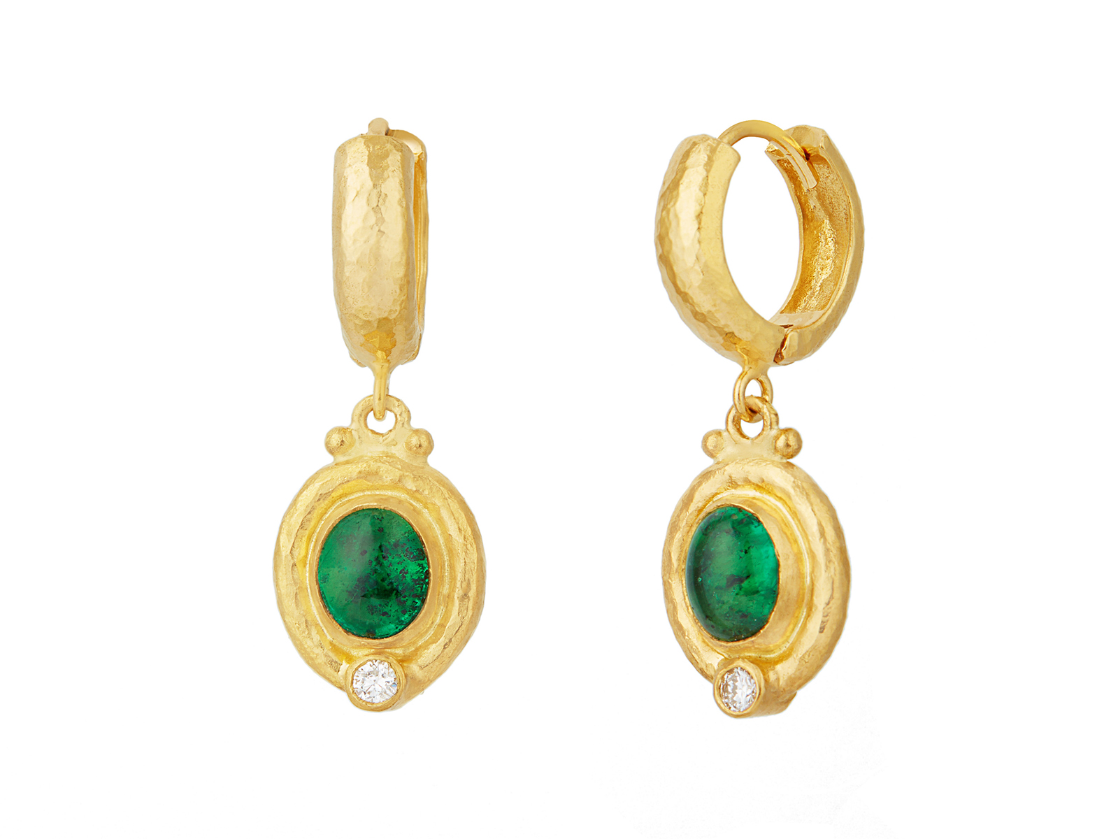 Gold hoop earrings with emeralds and diamonds