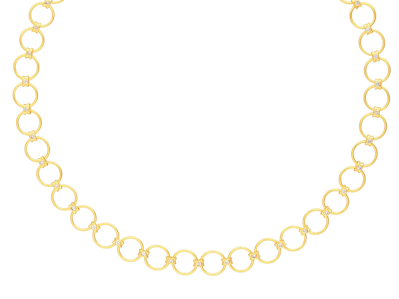 Elegant gold necklace with circular links and diamonds.