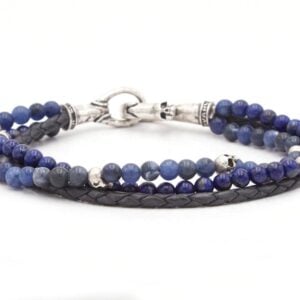Blue bead and leather bracelet with skull details.