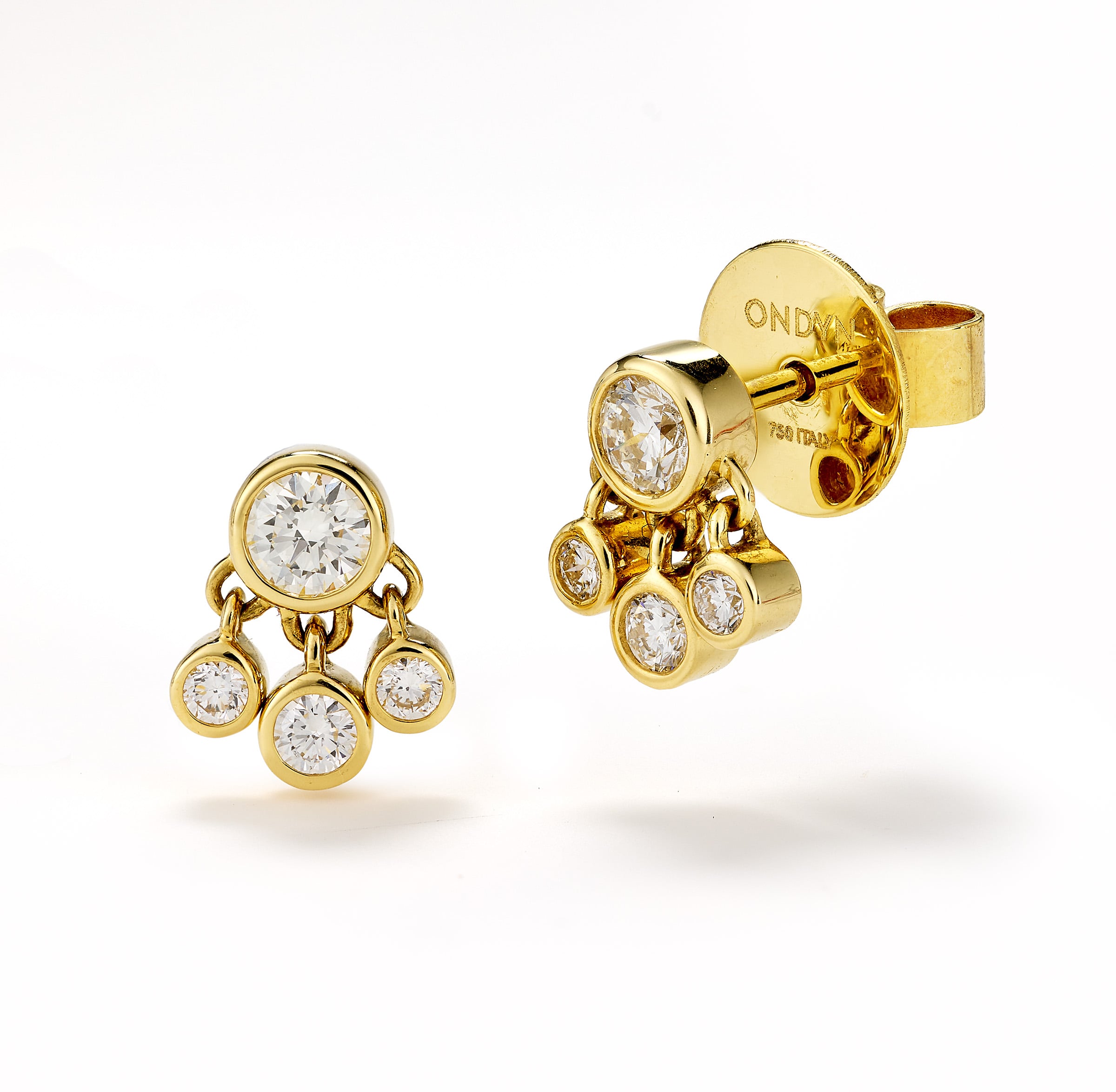 Gold diamond stud earrings with dangle design.