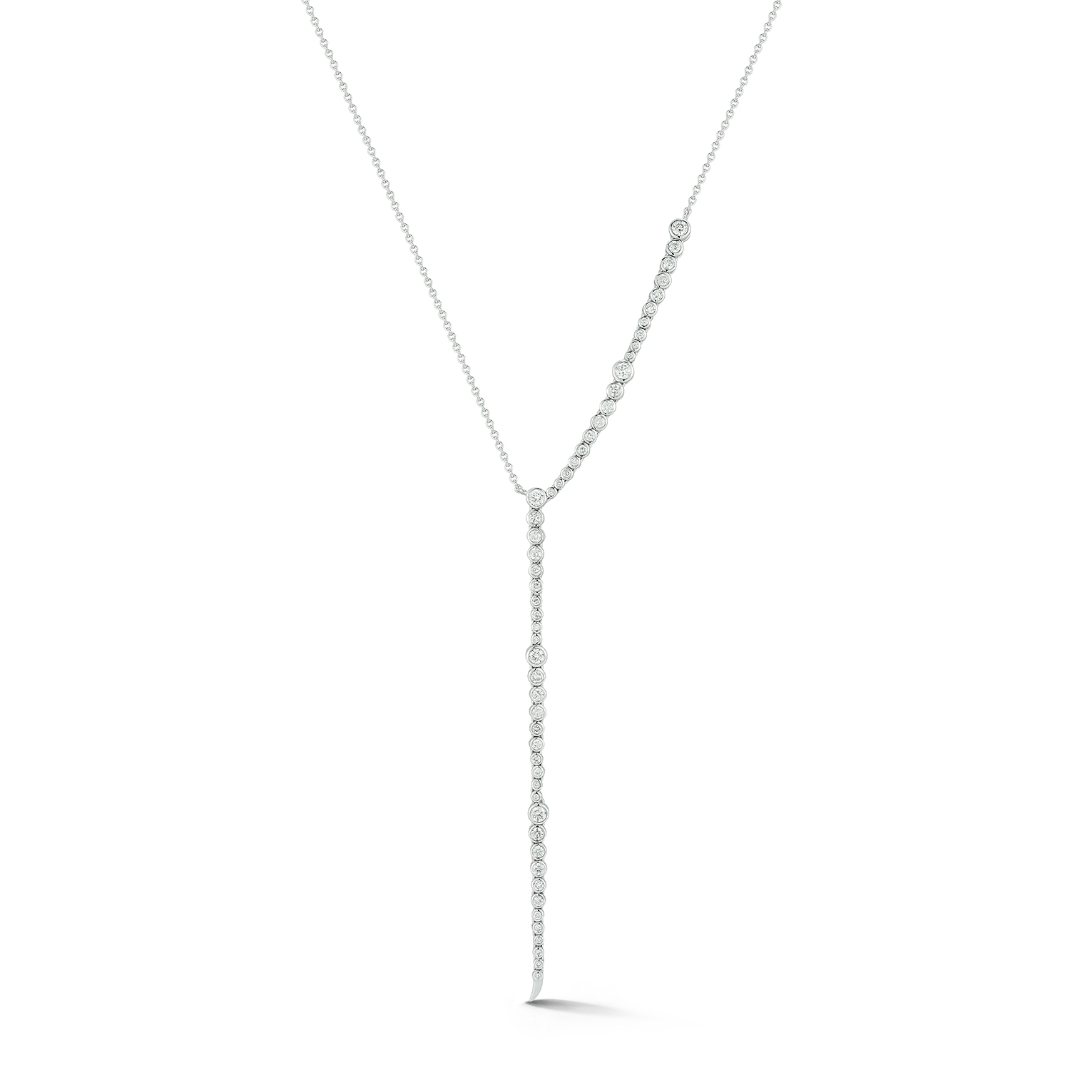 Elegant diamond Y-shaped necklace on white background.
