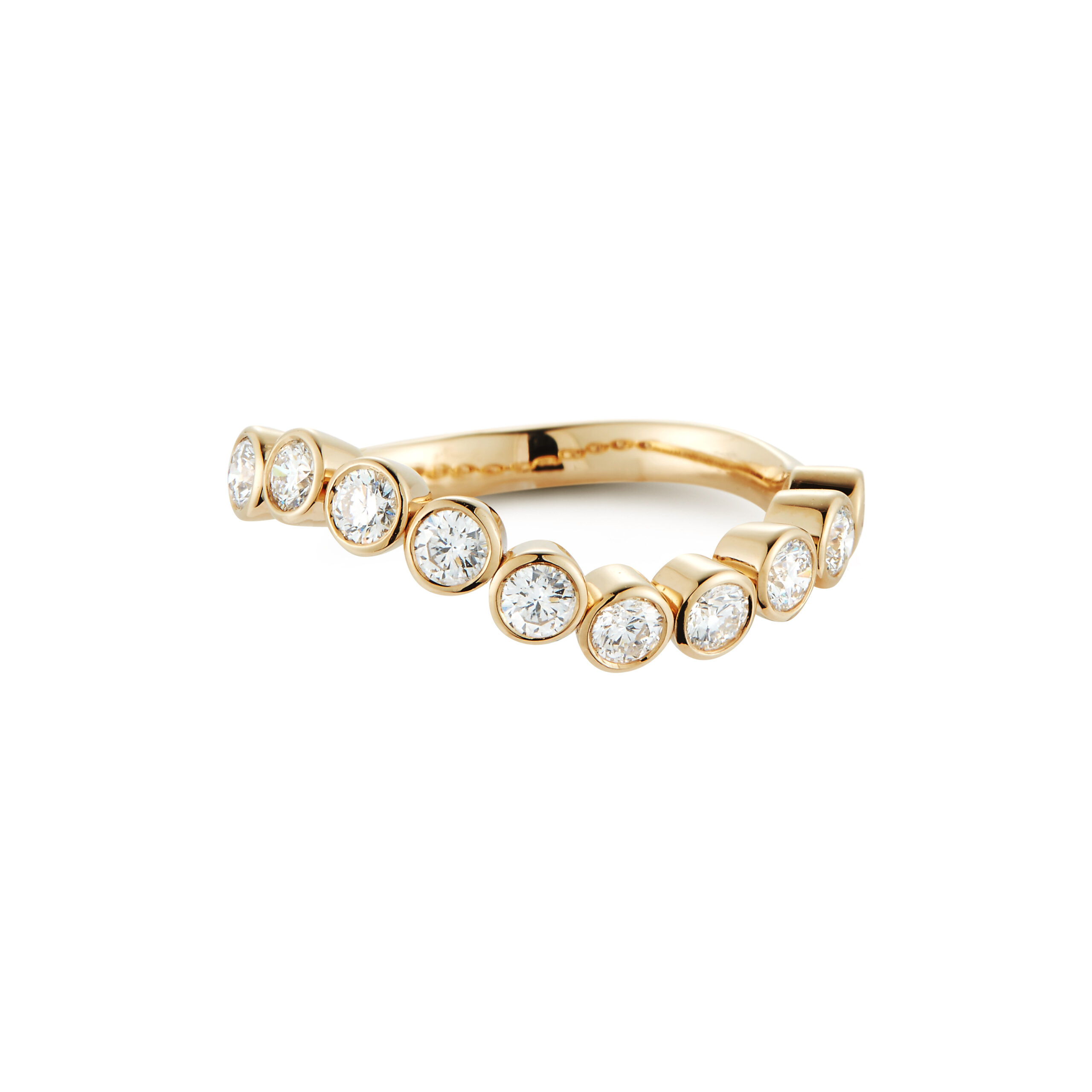 Gold ring with round diamond accents.