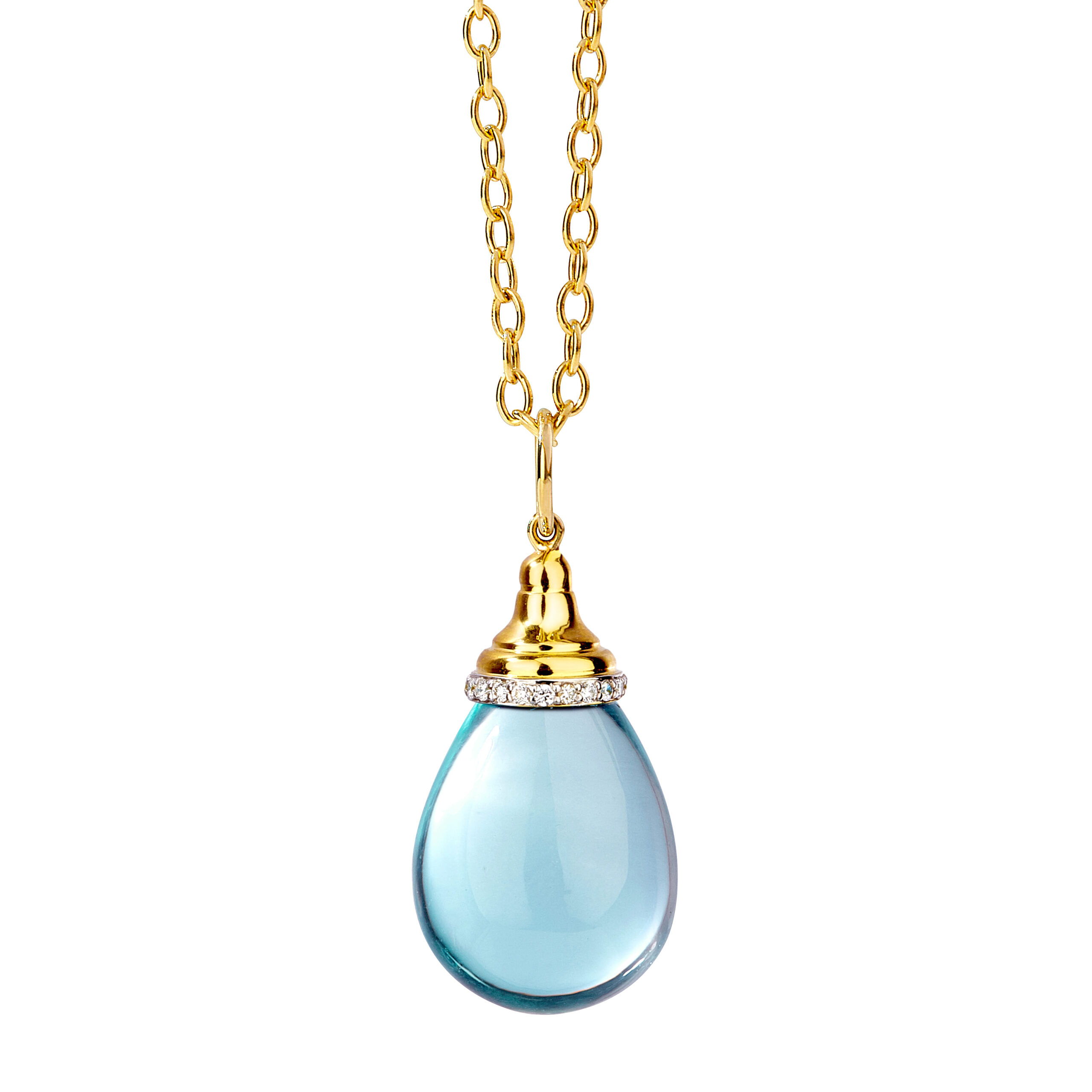 Elegant teardrop pendant necklace with gold chain.