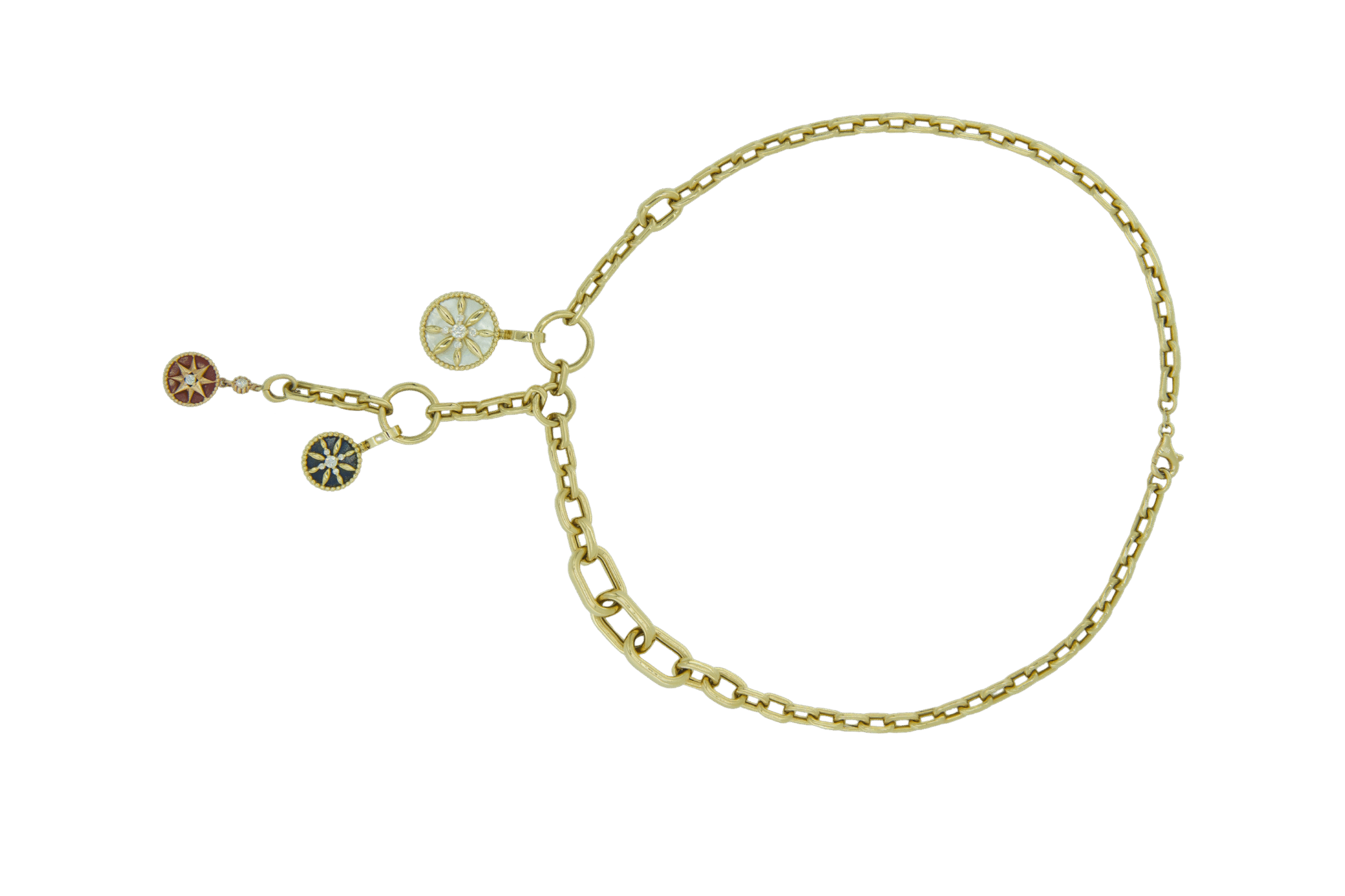 Gold necklace with colorful compass charms